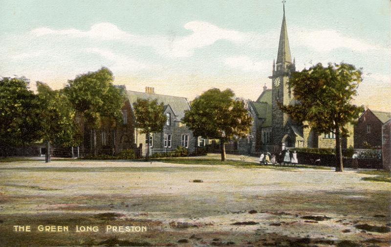 The Green (tinted).JPG - A tinted postcard of The Green at Long Preston, showing the Methodist Chapel ( with clock) and the Mechanics Institute.